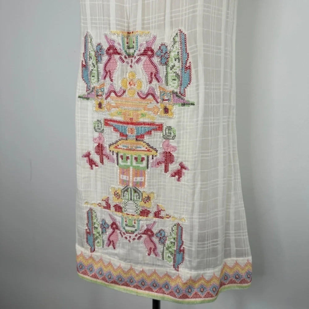 Y2K Da-Nang White Boho Sleeveless Cotton Embroidery Beaded Shift Dress Size S - Picture 3 of 15